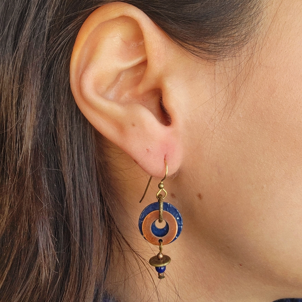 Vintage Gold & Navy Dangle Drop Hanging Hook Geometric Boho Earrings